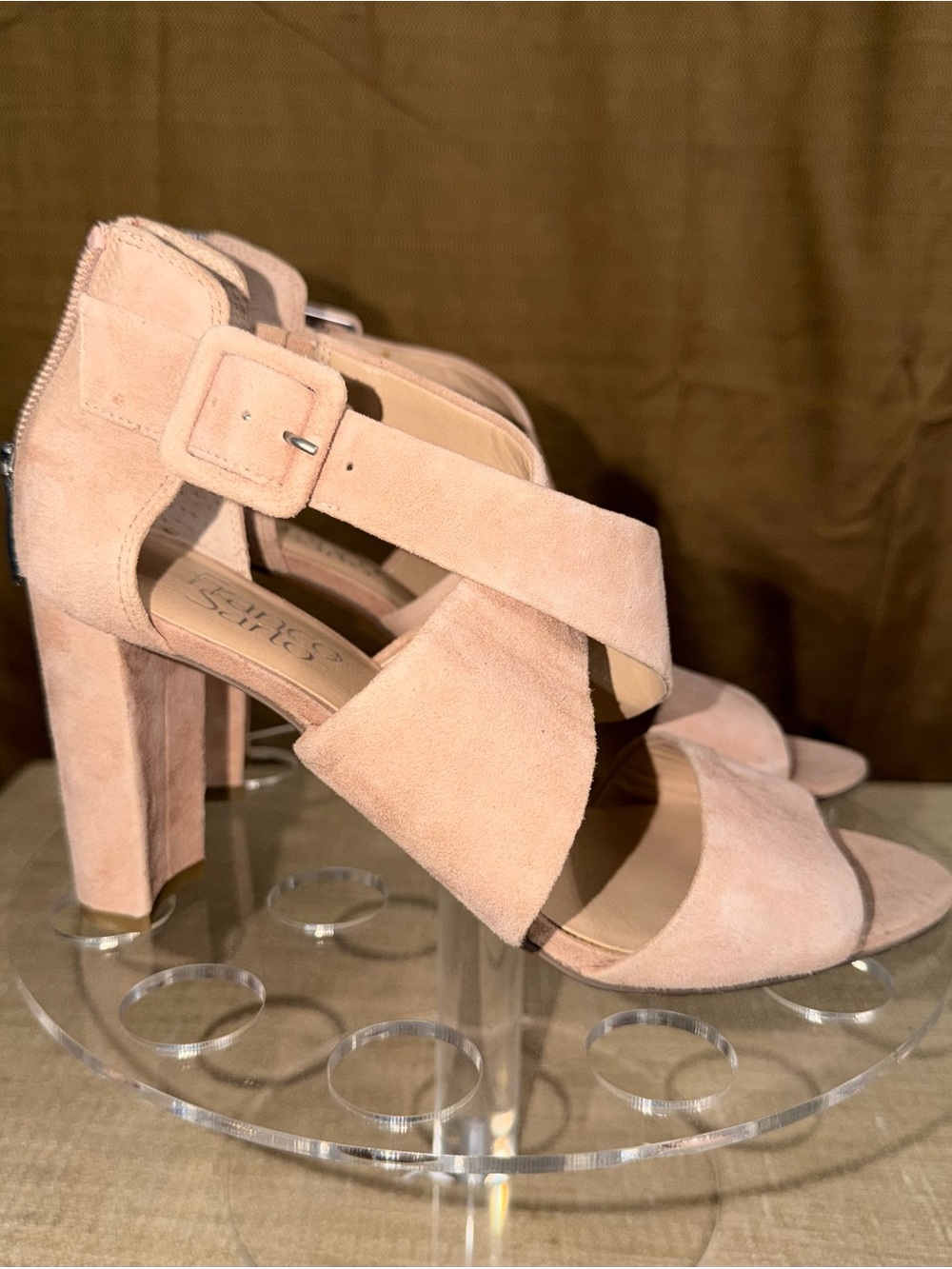 Franco Sarto Blush Pink Suede Cross-Strap Block Heels